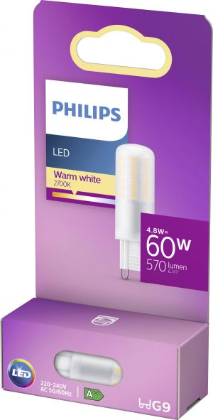 G9 4,8W led-lampun pakkauksesta näet helposti oleelliset tiedot valon määrästä ja ominaisuuksista.