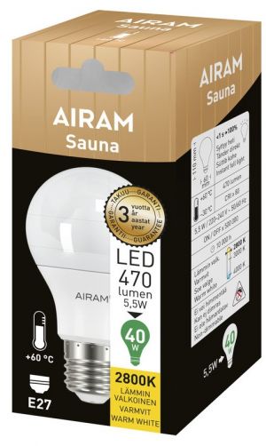 Saunaan soveltuvan E27 led-lampun pakkaus.